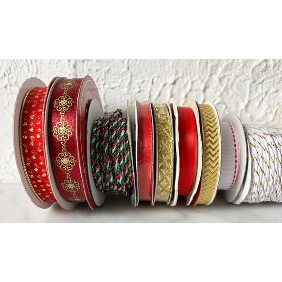 Christmas Ribbon & More Lot of 15 New & Partial Rolls Red Gold Sparkly Braided - Picture 6 of 8